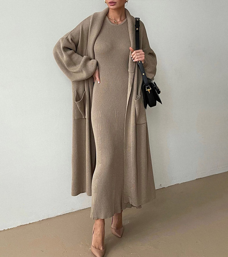 Elegant Long Sweater Dress & Cardigan Coat Two Pieces Set