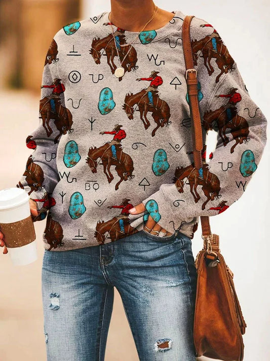 Vintage Western Prints Long-Sleeved Sweatshirt