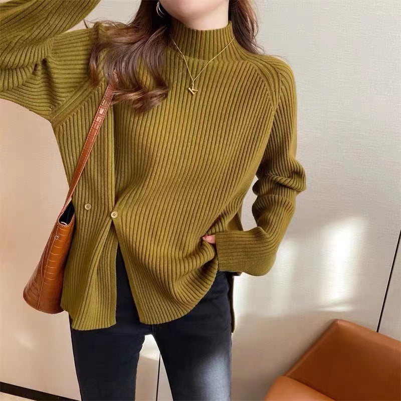 Half turtleneck slit pullover pit strip knitted top