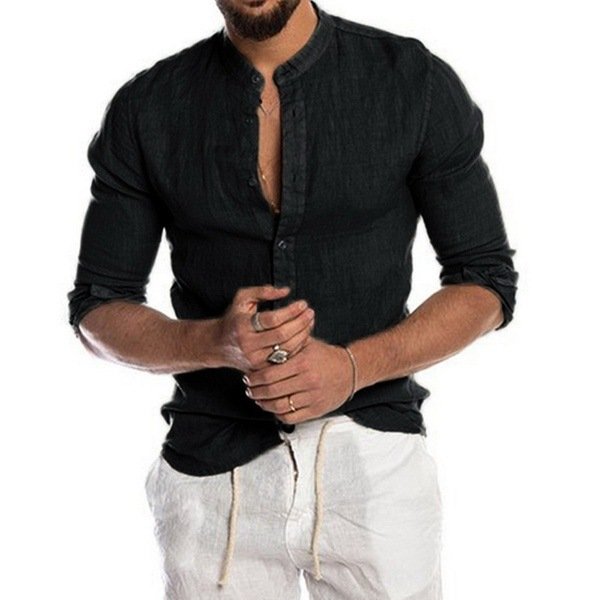 Men's Casual Linen Shirt Band Collar Long Sleeve Button Down Shirt - DUVAL