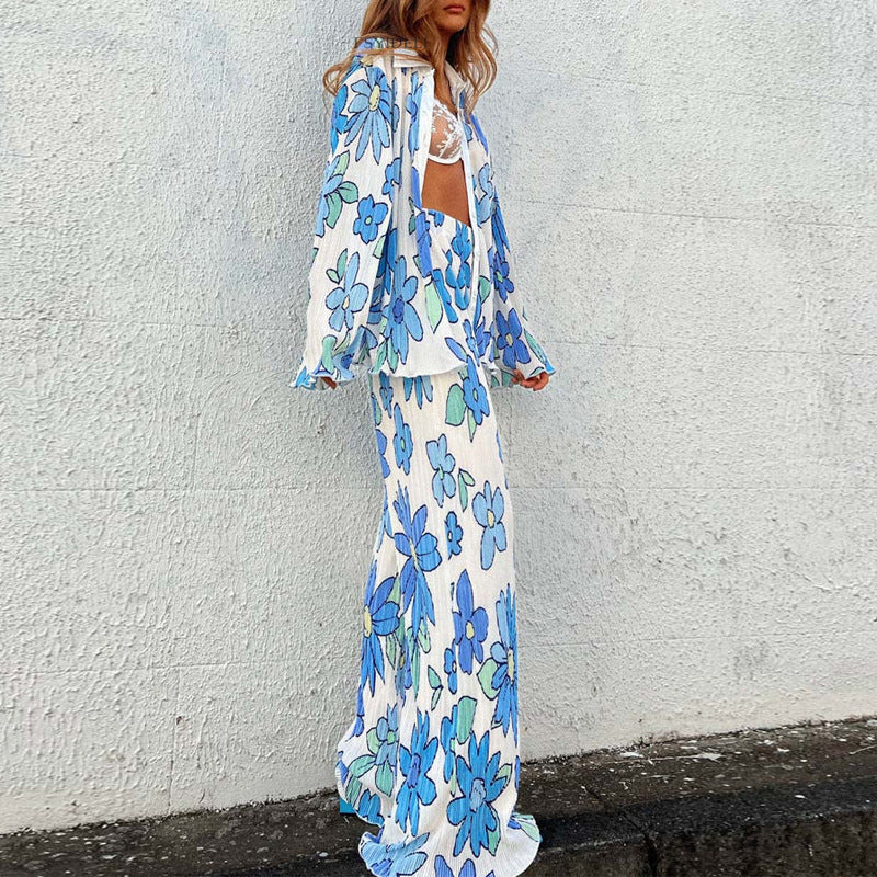 Printed Pleated Long Sleeves Spring and Summer 2 Pieces Suit