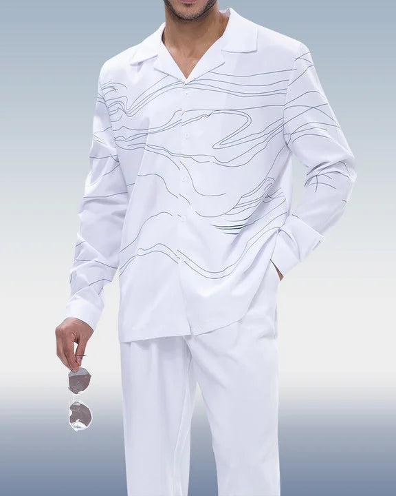 White Art Two-Piece Long Sleeve Print Walking Pants - DUVAL