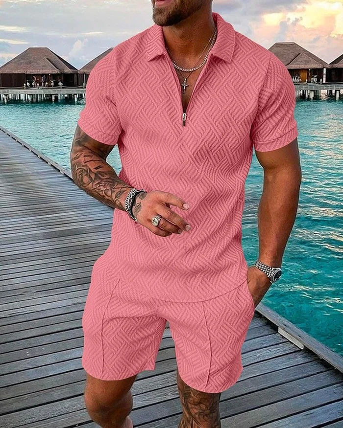 Men's Seaside Leisure Pink Printed Polo Suit - DUVAL