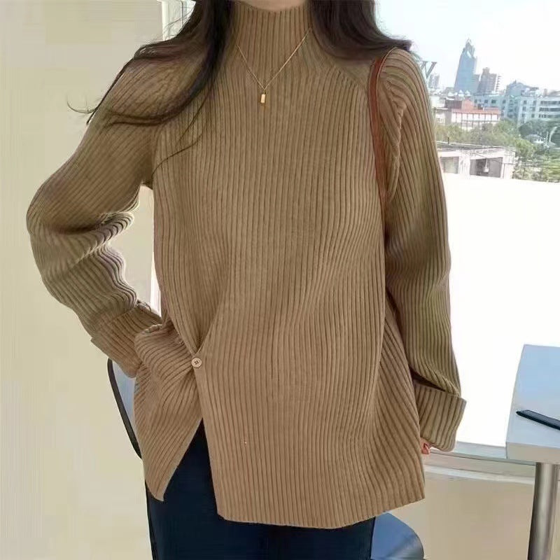 Half turtleneck slit pullover pit strip knitted top