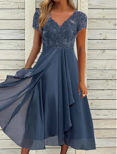 Dark Blue Short Sleeve Patchwork Dress - DUVAL