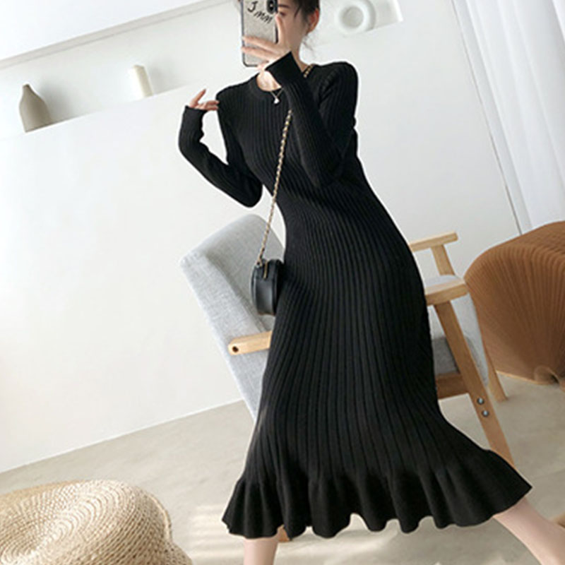 Flanged fishtail skirt slim body wrap buttock knit sweater dress