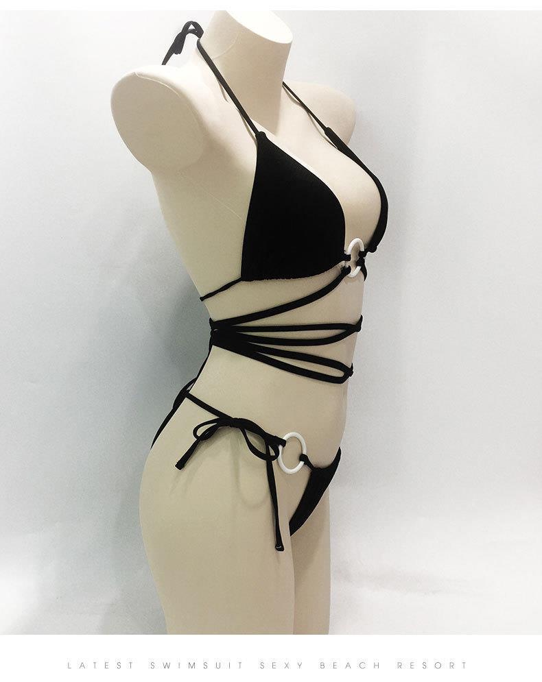 Solid color high-waisted lace-up swimsuit