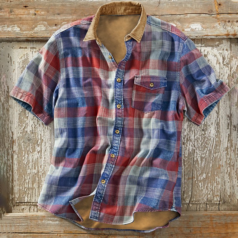 Vintage Check Print Men's Outdoor Tactical Short Sleeve Shirt - DUVAL