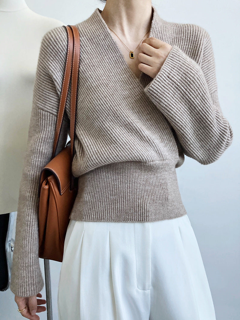 Cropped Vintage Crossover V-Neck Wrap Sweater