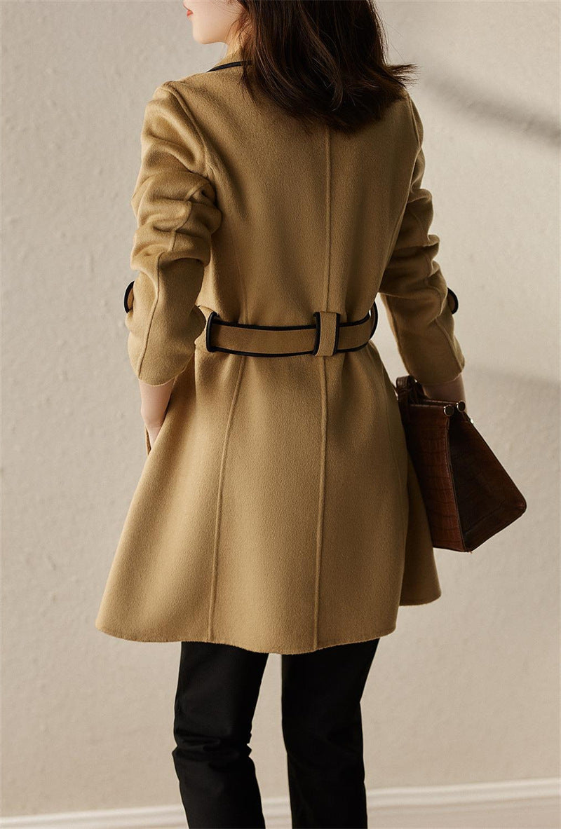 Autumn and winter mid-length slim fit tie woolen coat