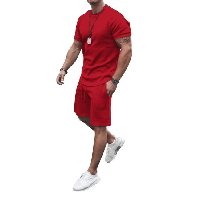 Summer Solid Red Sports Hawaiian Suit Short Sleeve