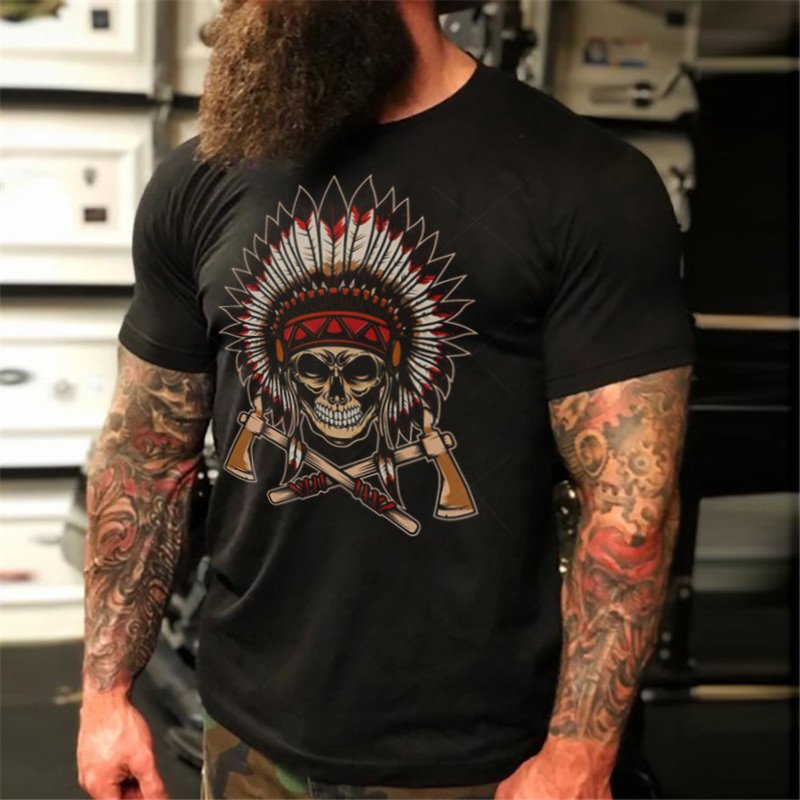 Men's Short Sleeve Skull Indian Head Dark Biker T-Shirt - DUVAL