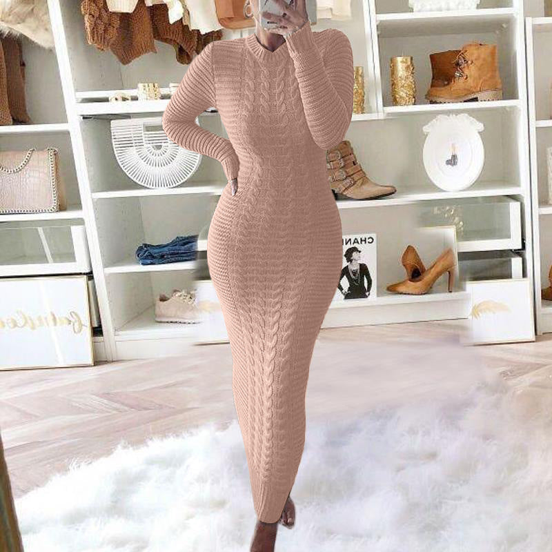 Fashion braided long-sleeved woolen dress