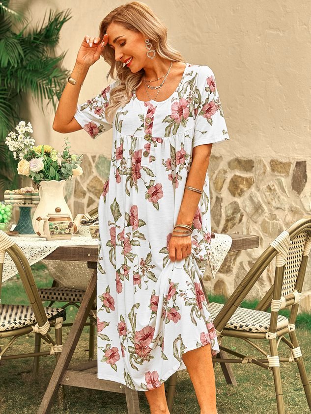 Plus Size Floral Holiday Bateau/Boat Neck Knitting Dress - DUVAL