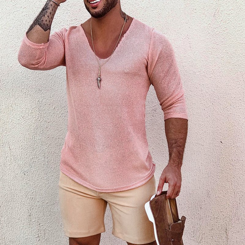 Men's Deep V Neck Breathable Linen Cotton Mid Sleeve T-Shirt