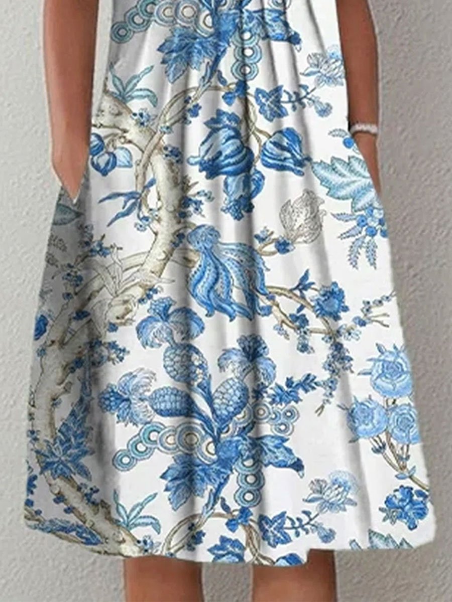 Round Neck Loose Floral Print Summer Short Sleeve Midi Dress - DUVAL
