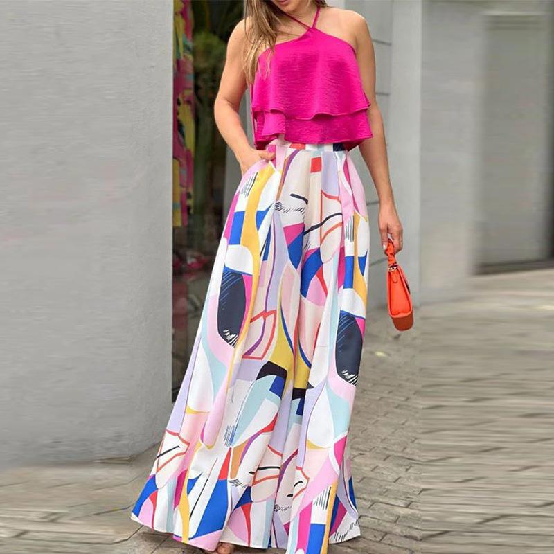Fashion Ruffle Sleeveless Top Loose Maxi Skirt Set