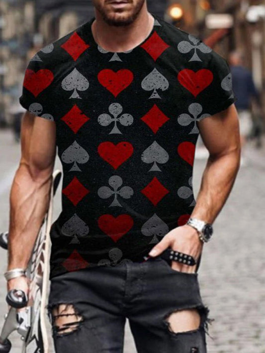 Men's Casual Black and Red Fashion Poker Print Short Sleeve T-Shirt - DUVAL
