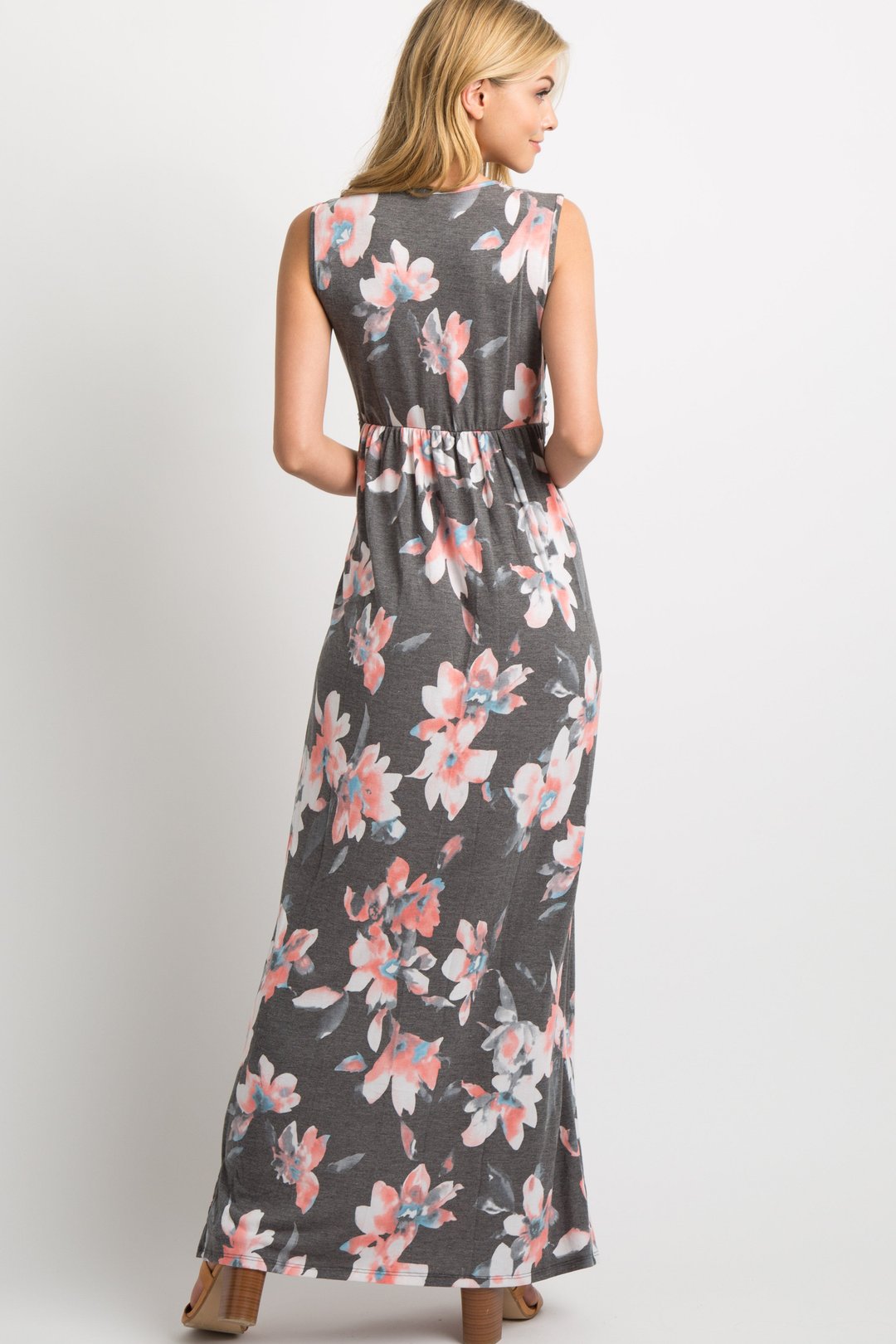 Charcoal Grey Floral Sleeveless Knot Front Maxi Dress - DUVAL