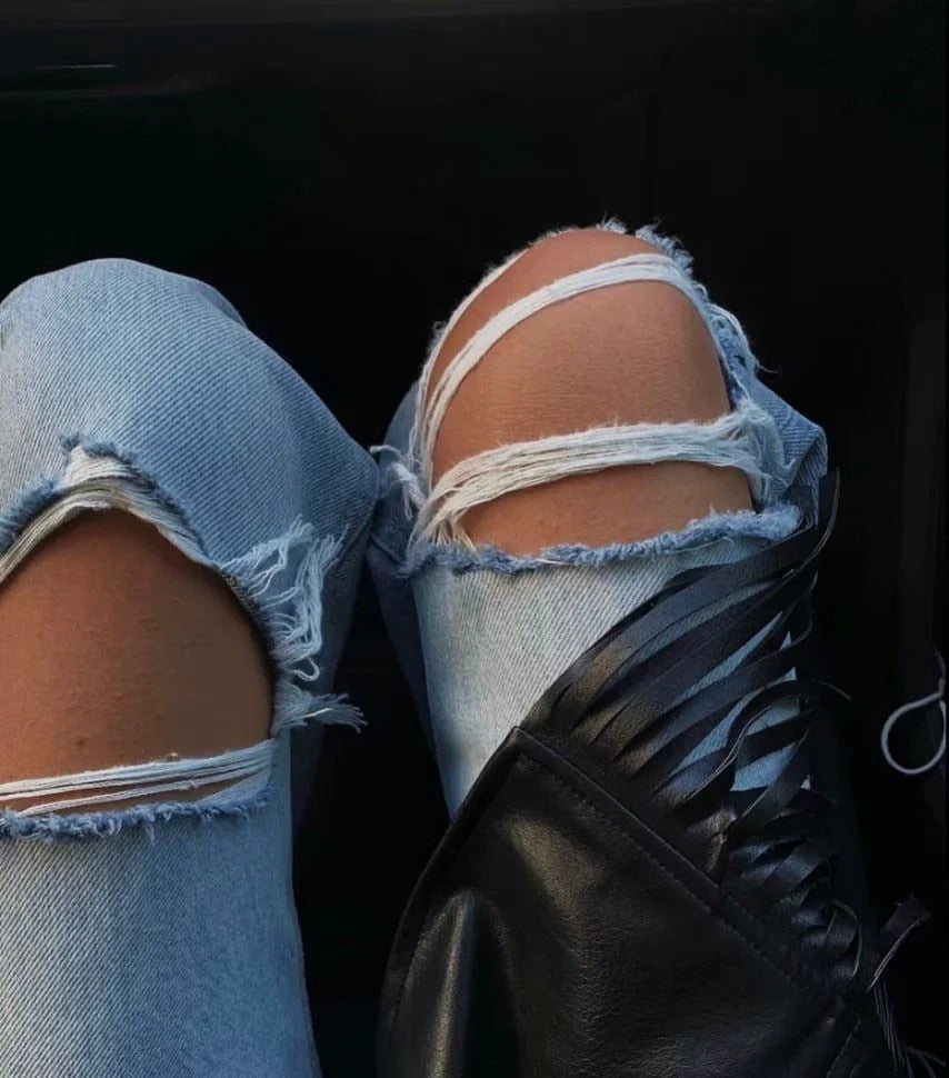 Women's wide leg ripped flared jeans