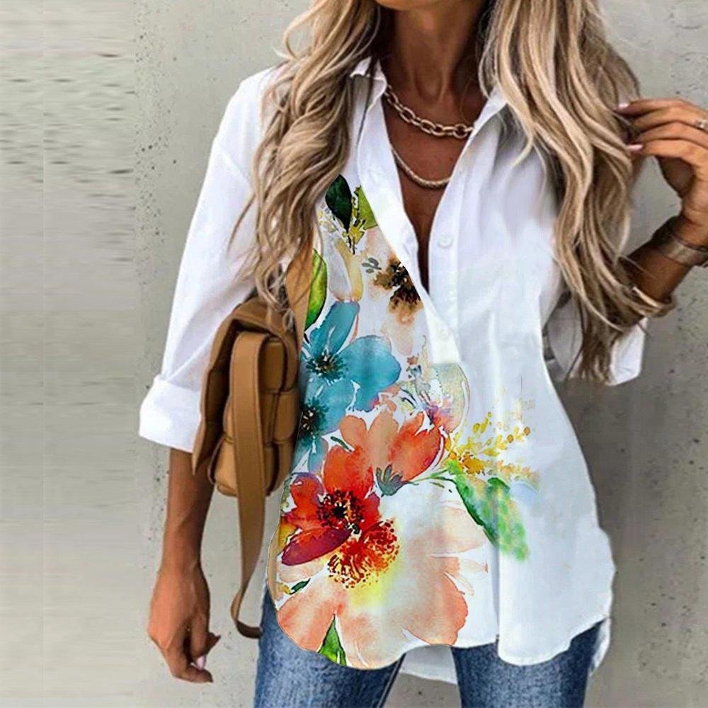 Watercolor Flower Button Front Tunic Blouse - DUVAL