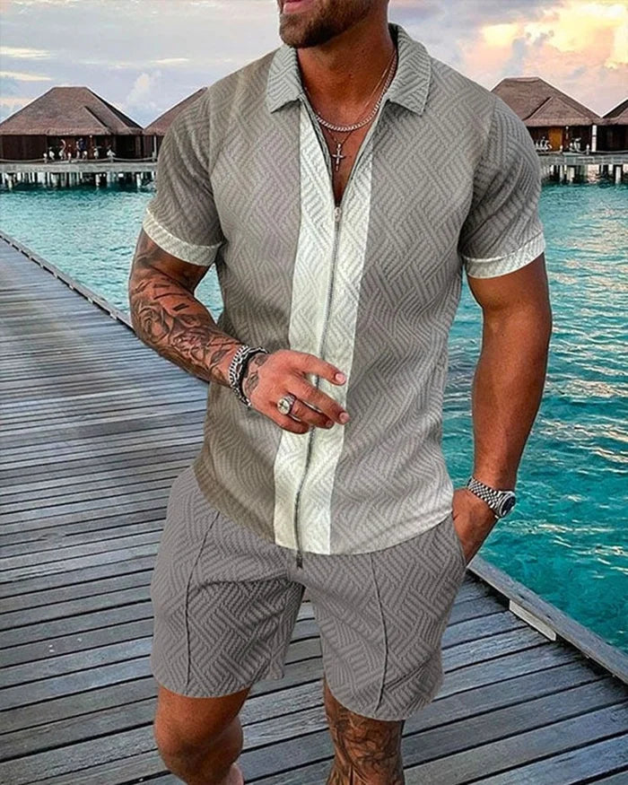 Men's Casual Gray/White Printed Polo Suit