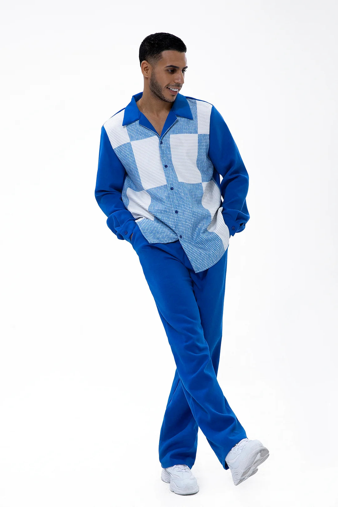 Long Sleeve Trousers Blue Suede Two-Piece Walking Set - DUVAL