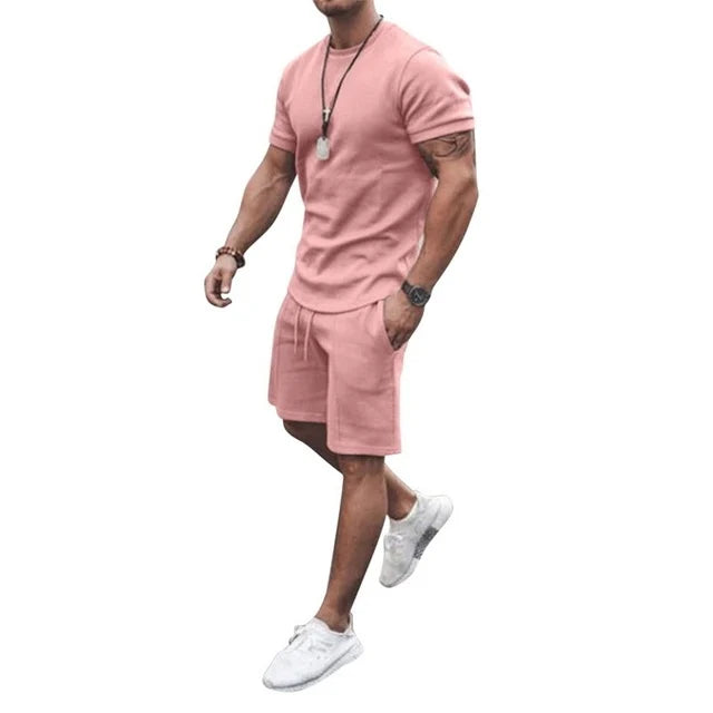 Summer Solid Pink Sports Hawaiian Suit Short Sleeve