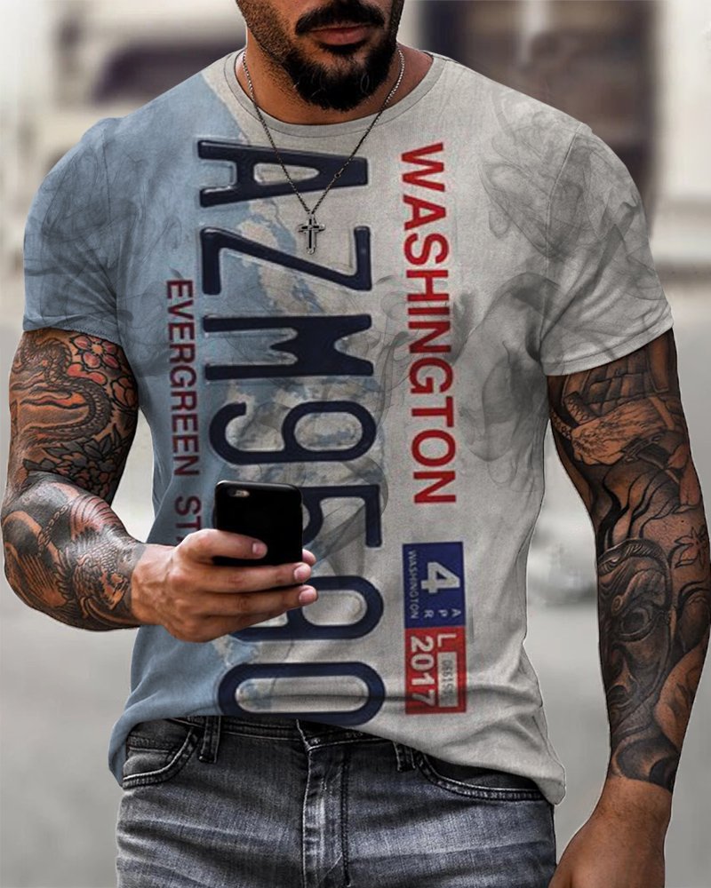 Men's Washington State License Plate Print Casual T-Shirt - DUVAL