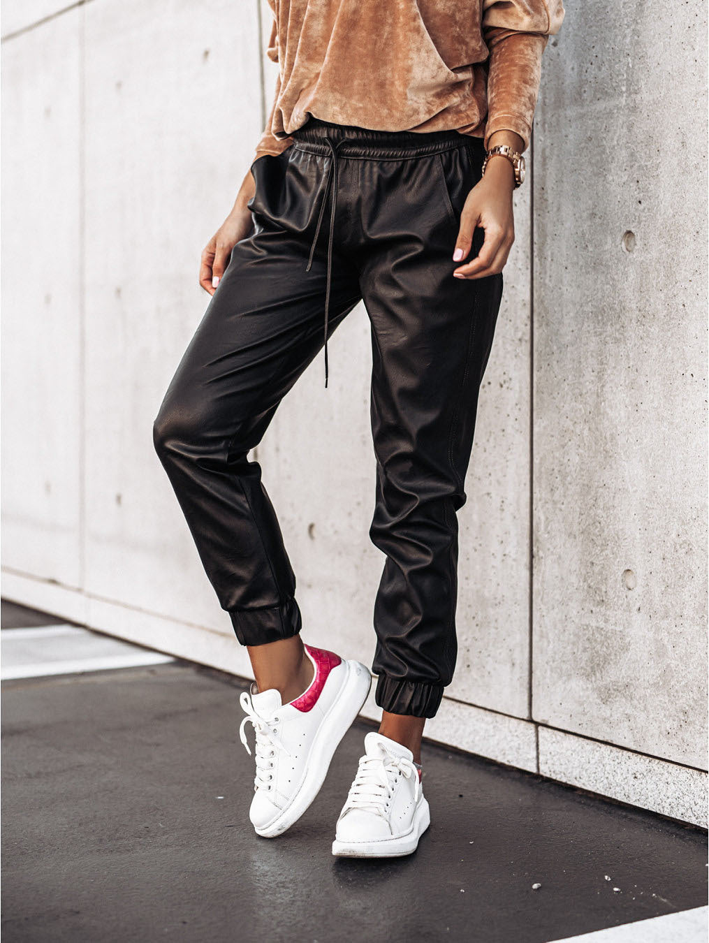 Temperament Simple Tie Slim Leather Pants