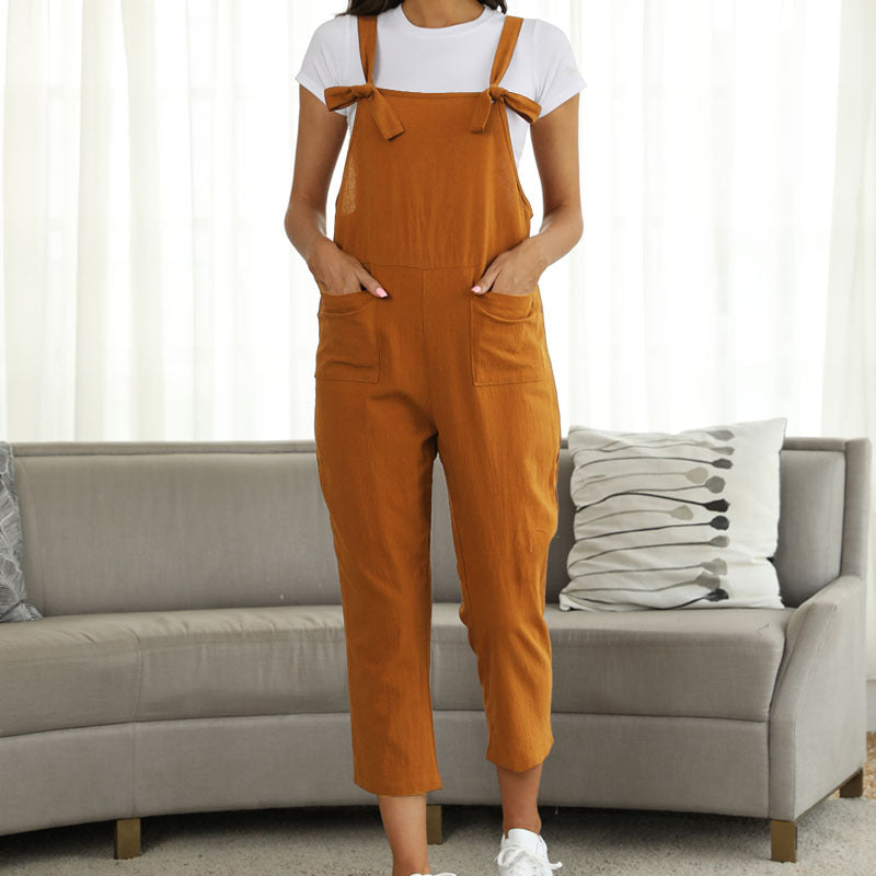 Literary cotton and linen strap casual jumpsuit
