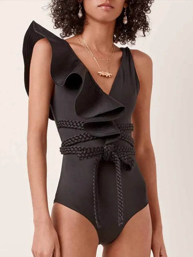 Ruffled Solid Color One-Piece Swimsuit