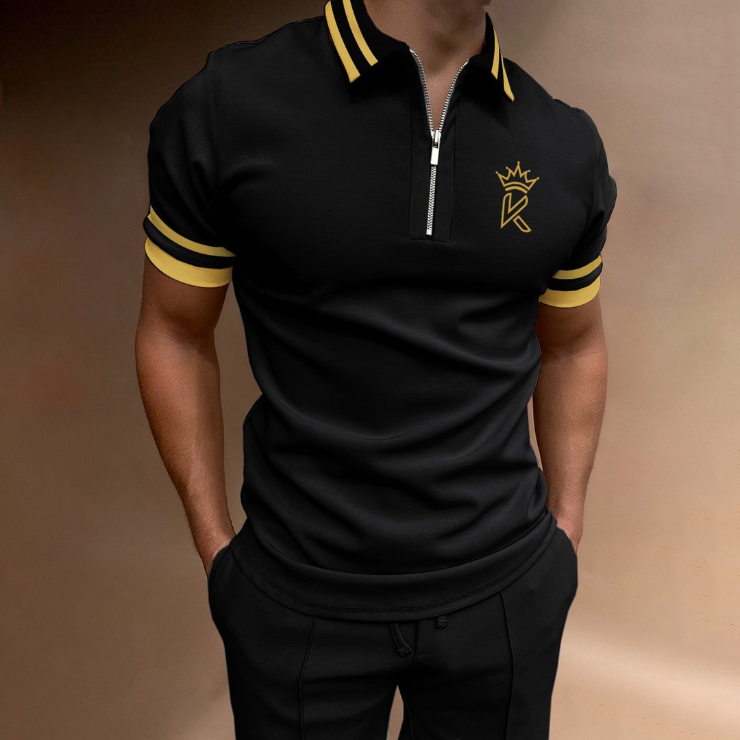 Men's Casual Color Matching Short Sleeve Zipper Polo Shirt Crown K Pattern Print - DUVAL