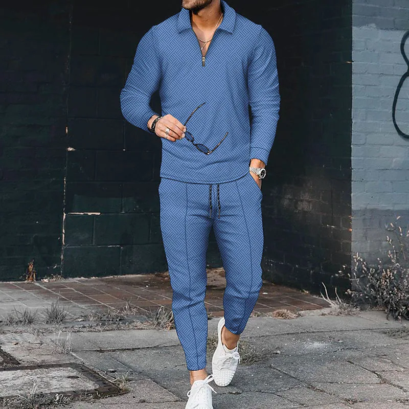 Luxury Light Blue Long Sleeve Polo Suit