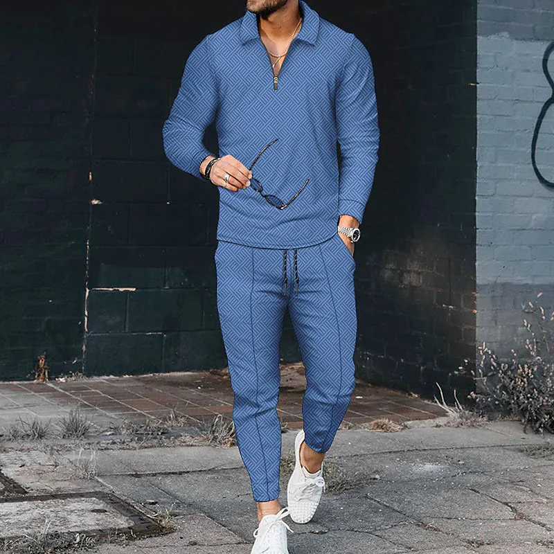 Luxury Light Blue Long Sleeve Polo Suit - DUVAL