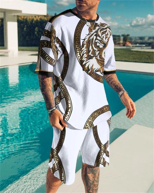 Oversized Men's T-Shirt & Shorts Set Luxury Tiger White