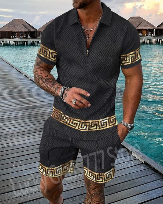 Men's Casual Gold/Grey Pattern Printed Polo Suit
