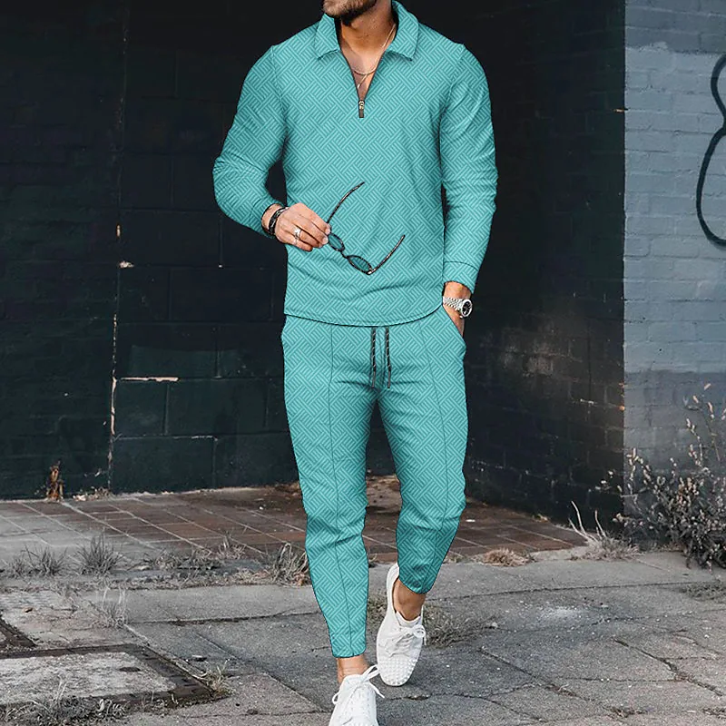 Luxury Cyan Long Sleeve Polo Suit - DUVAL