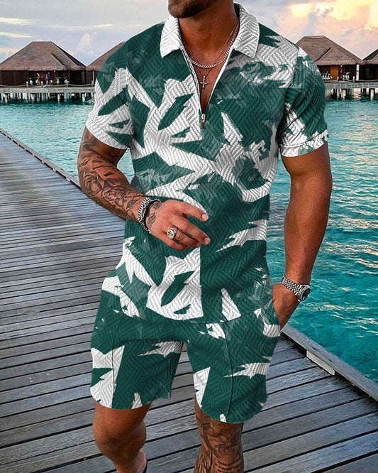 Green Tropical Polo Shirt And Shorts Co-Ord