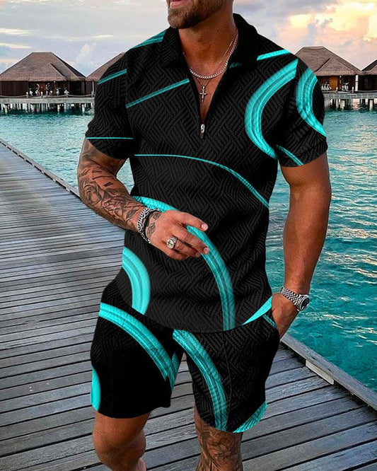 Men's Casual Neon Tropical Pattern Polo Suit